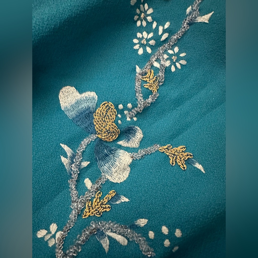 Vintage 70’s Maxi Embroidered Turquoise Sleeveless Dress - Picture 4 of 9